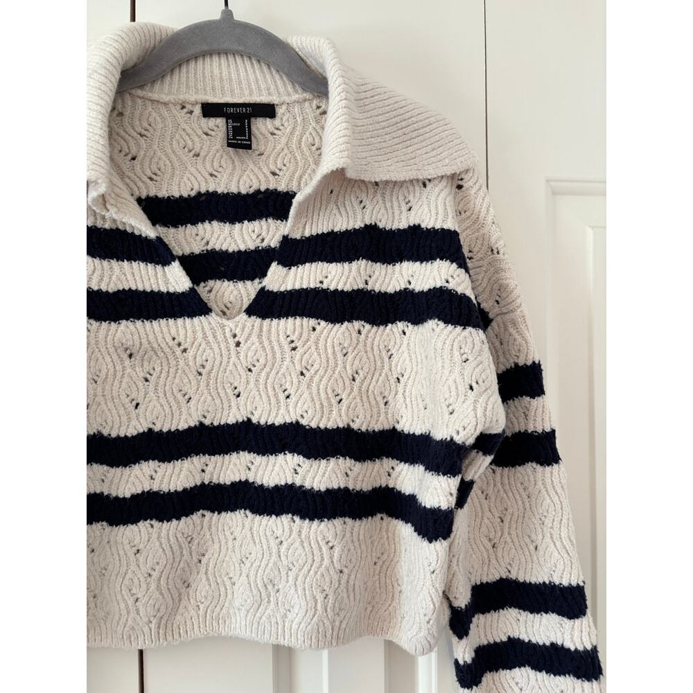 Forever 21 Striped Collared Crop Sweater Ivory Navy Cable Knit Women’s S - Picture 4 of 6